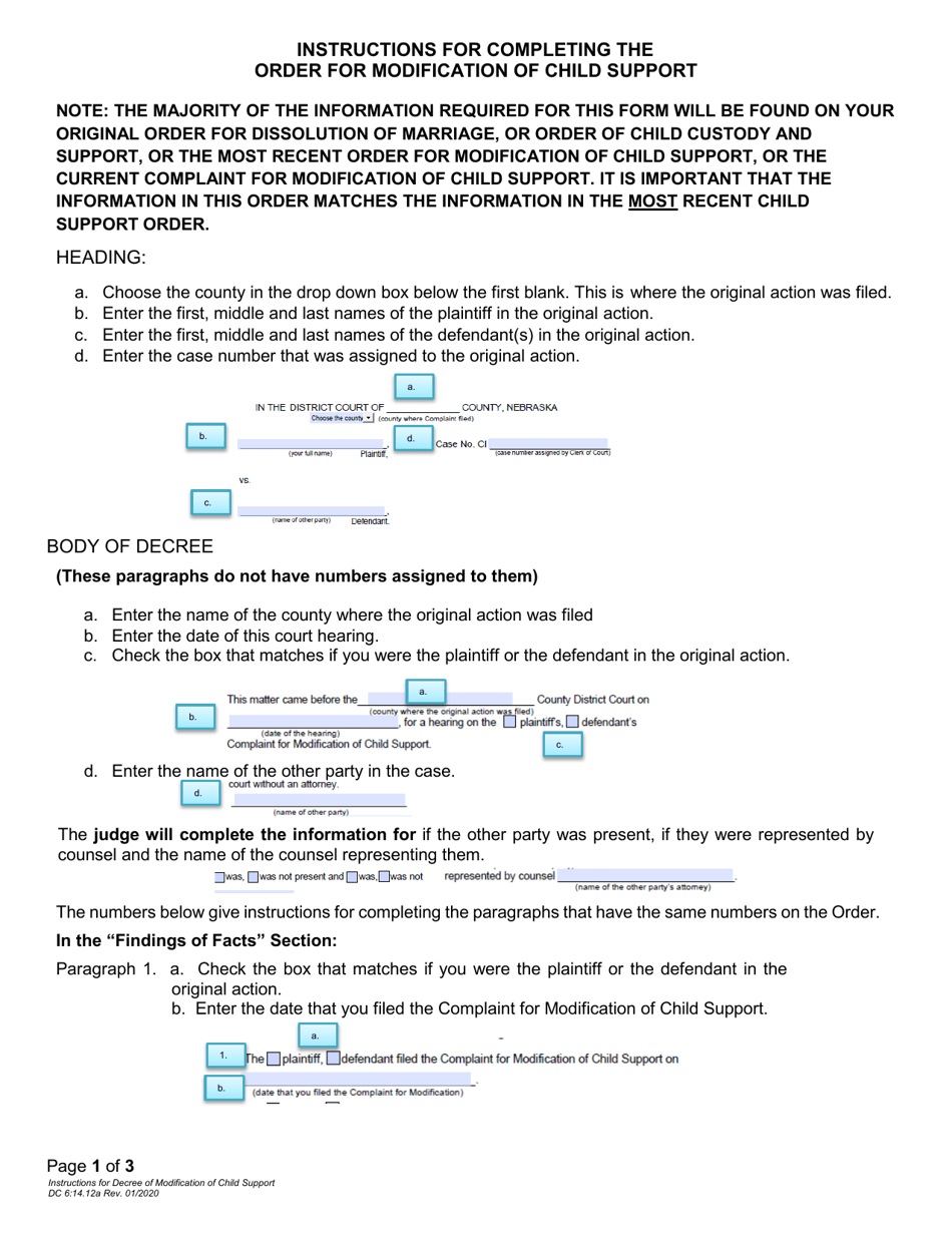 Instructions for Form DC6:14.12 Order for Modification of Child Support - Nebraska, Page 1