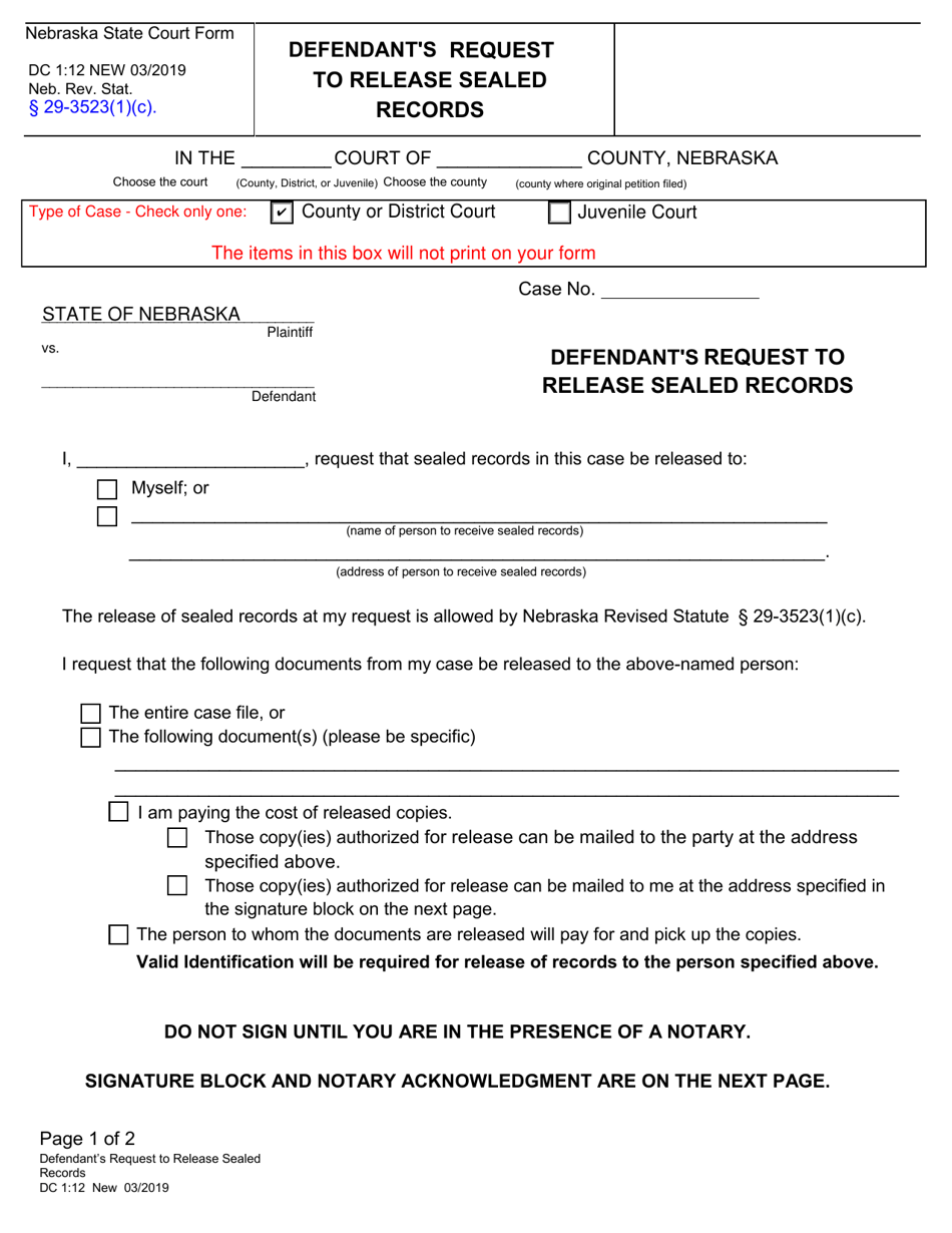 Form DC1:12 Defendants Request to Release Sealed Records - Nebraska, Page 1