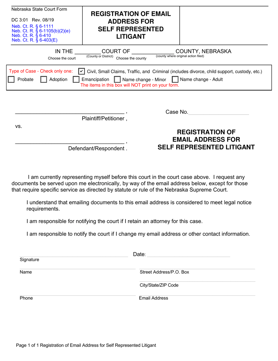 Form DC3:01 Registration of Email Address for Self Represented Litigant - Nebraska, Page 1