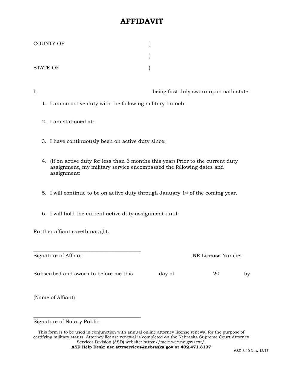 Form ASD3:10 Military Status Affidavit - Nebraska, Page 1