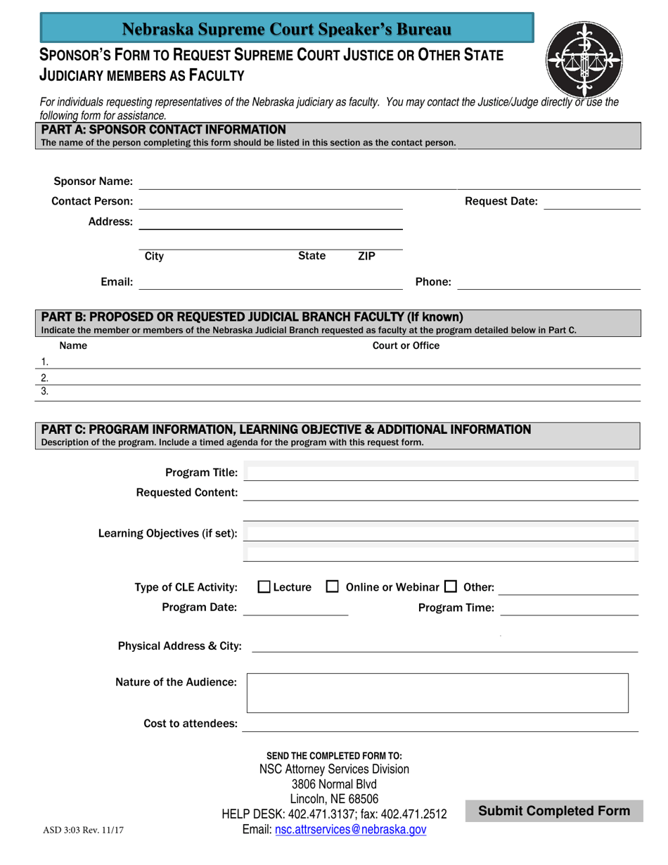 Form ASD3:03 Sponsors Form to Request Supreme Court Justice or Other State Judiciary Members as Faculty - Nebraska, Page 1