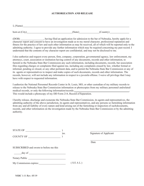 Form NSBC1:11 Authorization and Release - Nebraska