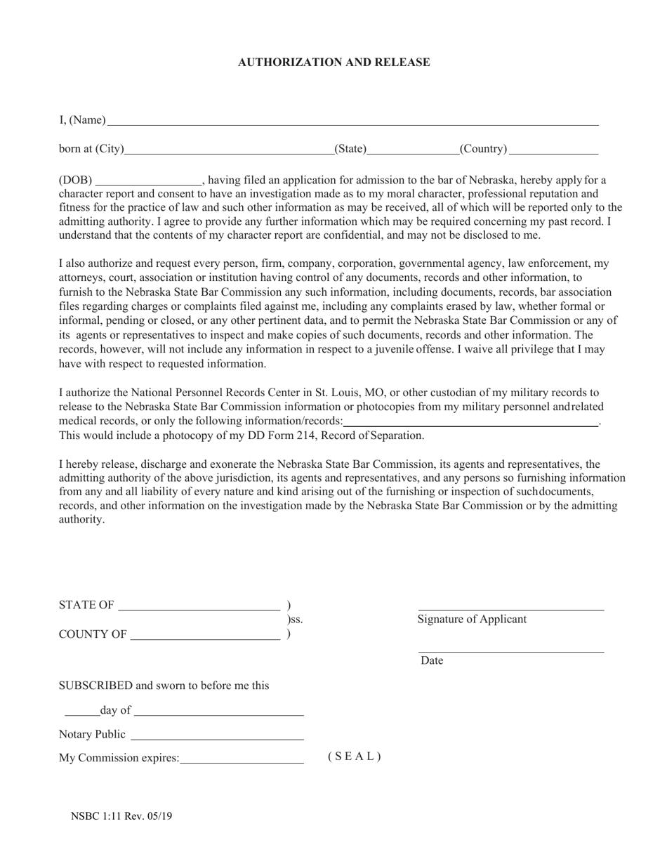Form NSBC1:11 Authorization and Release - Nebraska, Page 1