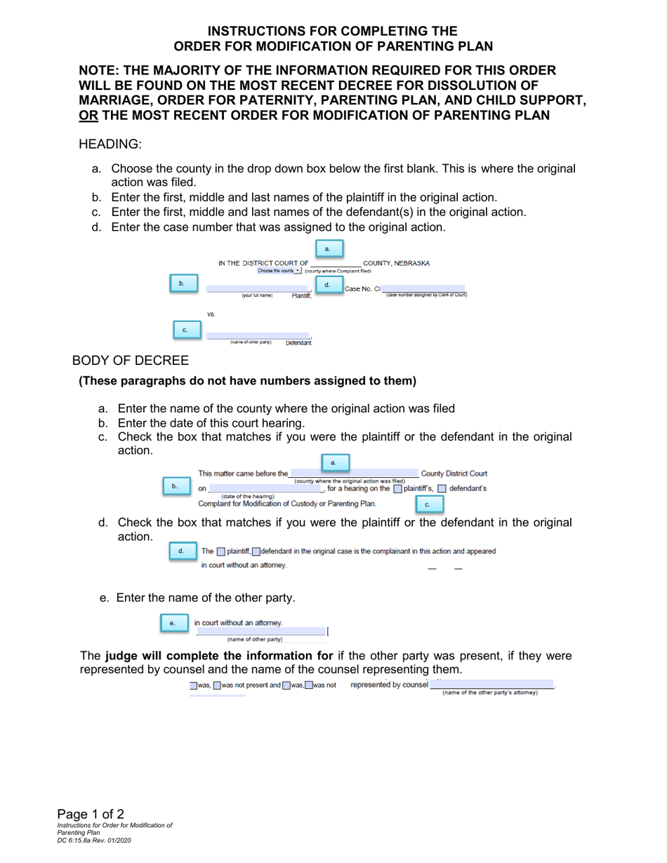 Instructions for Form DC6:15.8 Order for Modification (Parenting Plan) - Nebraska, Page 1