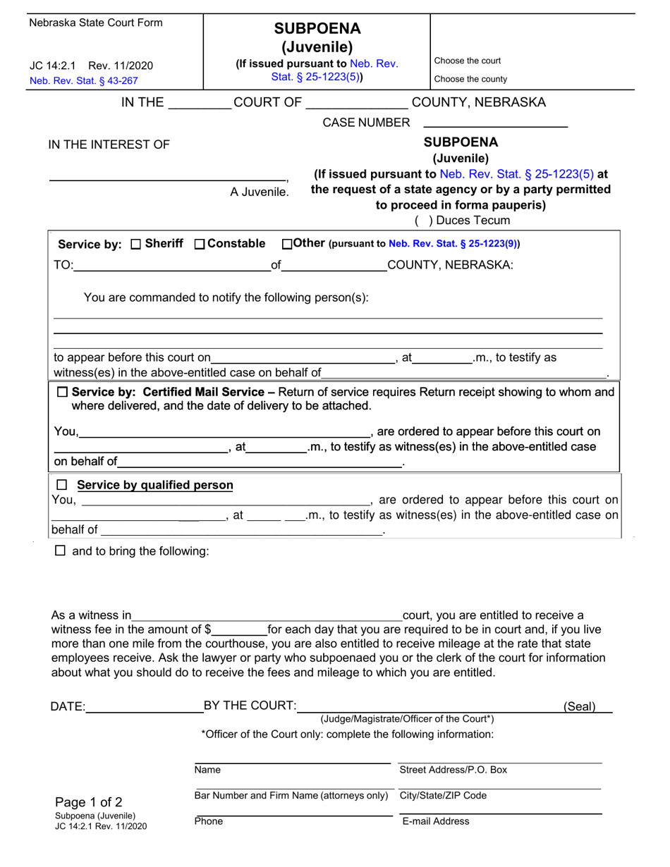 Form JC14:2.1 Subpoena (Juvenile) (If Issued Pursuant to Neb. Rev. Stat. 25-1223(5)) - Nebraska, Page 1
