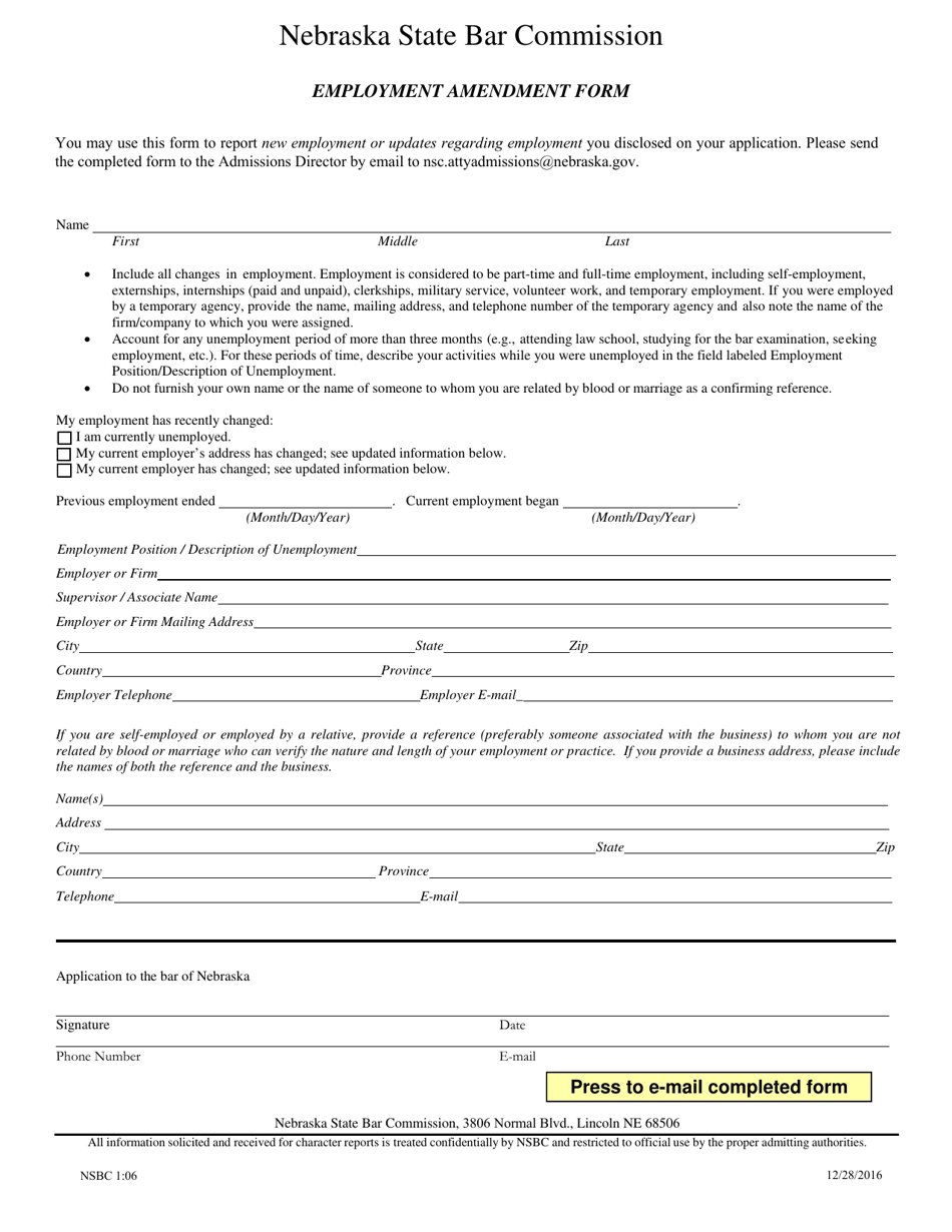 Form NSBC1:06 Employment Amendment Form - Nebraska, Page 1