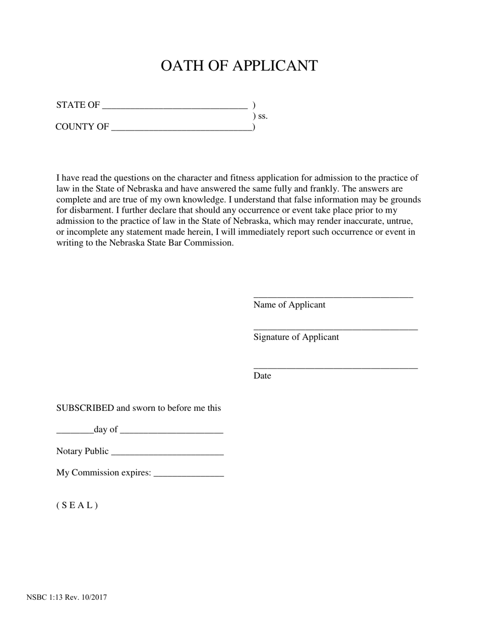 Form NSBC1:13 Oath of Applicant - Nebraska, Page 1
