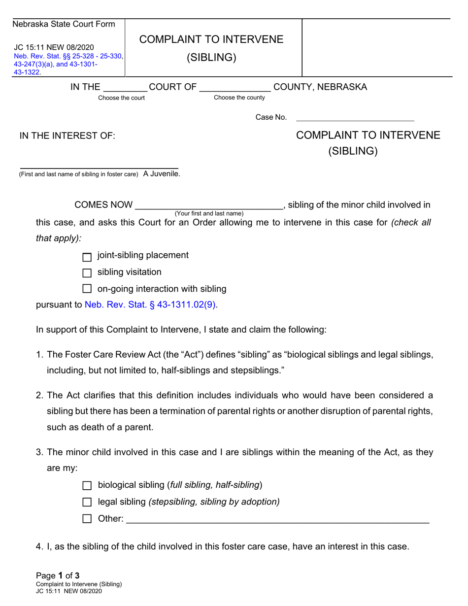 Form JC15:11 Complaint to Intervene (Sibling) - Nebraska, Page 1