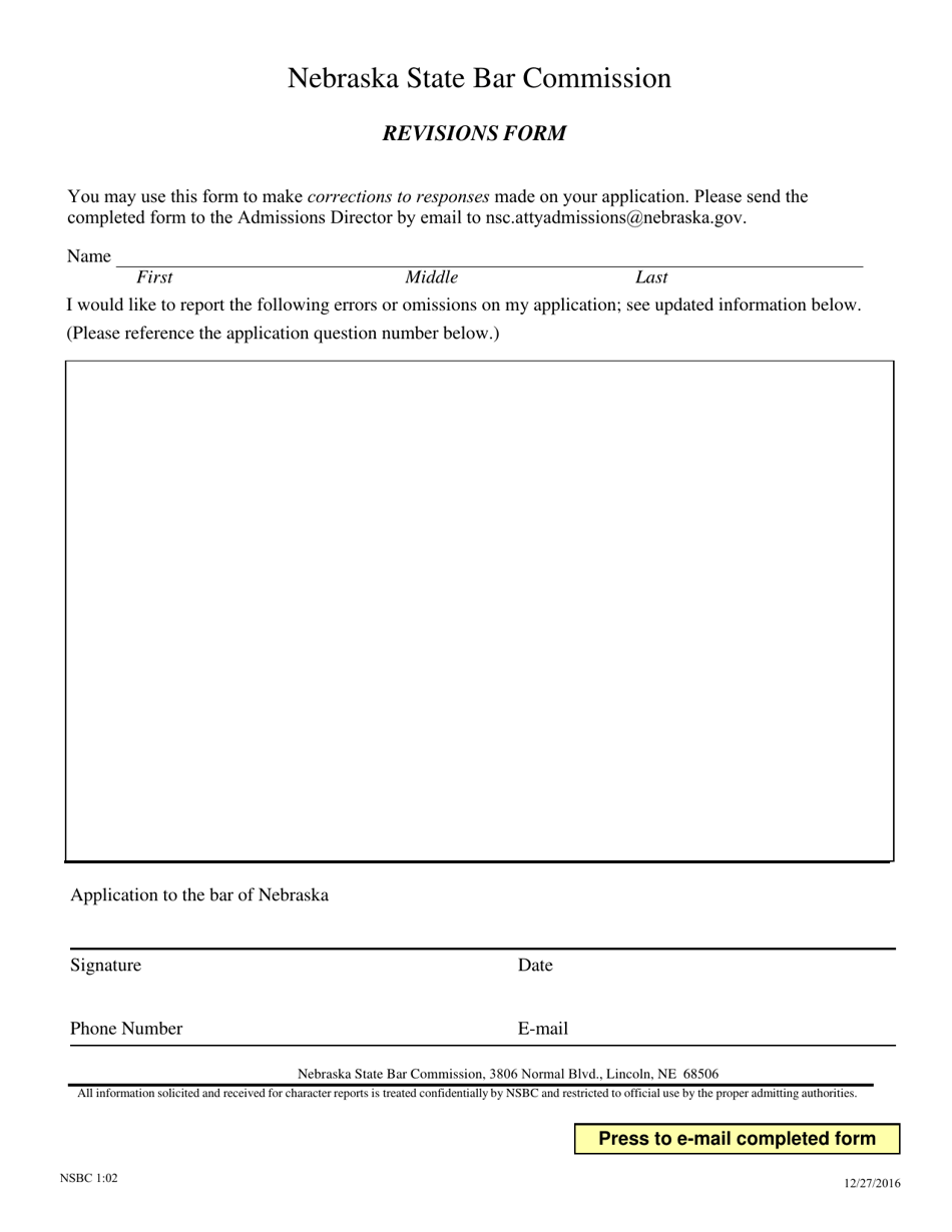 Form NSBC1:02 Revisions Form - Nebraska, Page 1