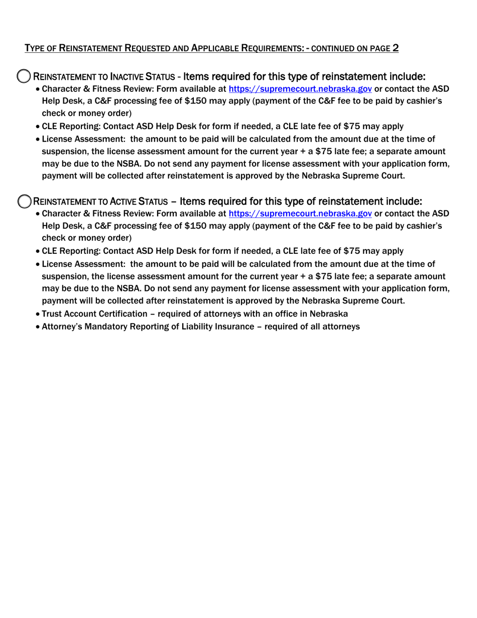 Form ASD3:18 Attorneys Application for Reinstatement of Membership Status (From suspended to Inactive and From suspended to Active) - Nebraska, Page 2