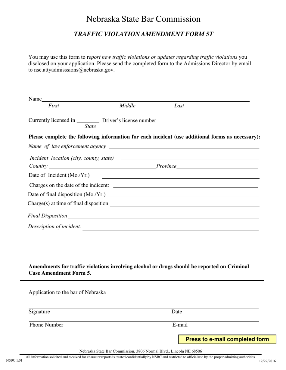 Form 5T (NSBC1:01) Nebraska State Bar Commission Traffic Violation Amendment Form - Nebraska, Page 1