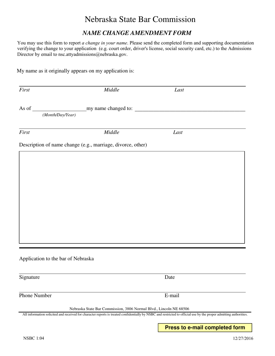 Form NSBC1:04 Name Change Amendment Form - Nebraska, Page 1