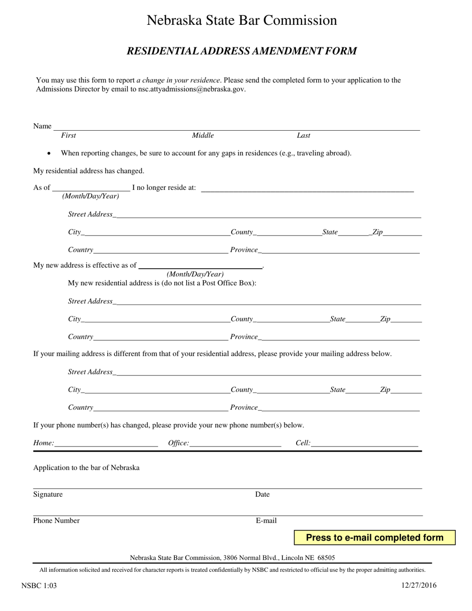 Form NSBC1:03 Residential Address Amendment Form - Nebraska, Page 1
