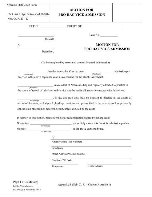 Document preview: Form CH3ART1APPB Motion for Pro Hac Vice Admission - Nebraska