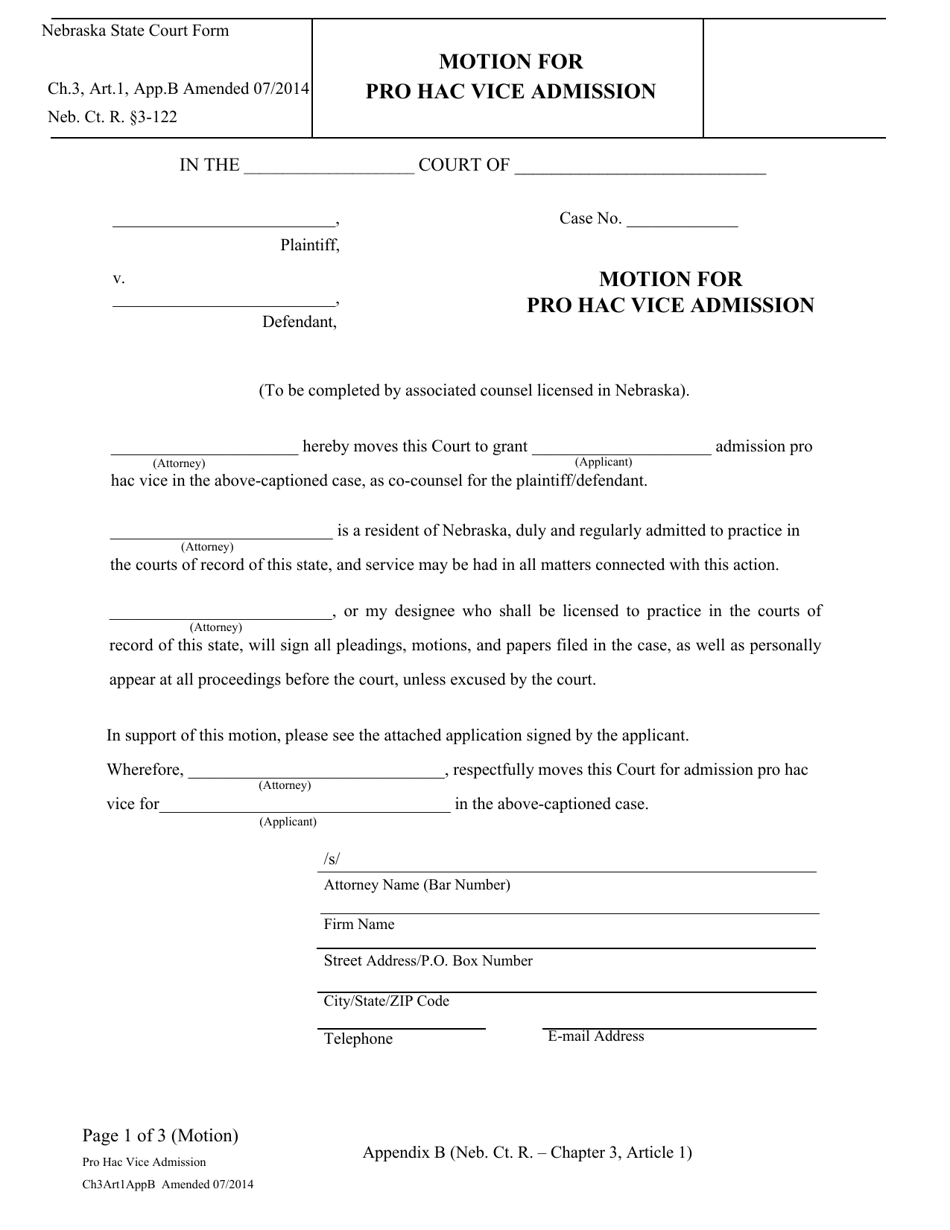 Form CH3ART1APPB Motion for Pro Hac Vice Admission - Nebraska, Page 1