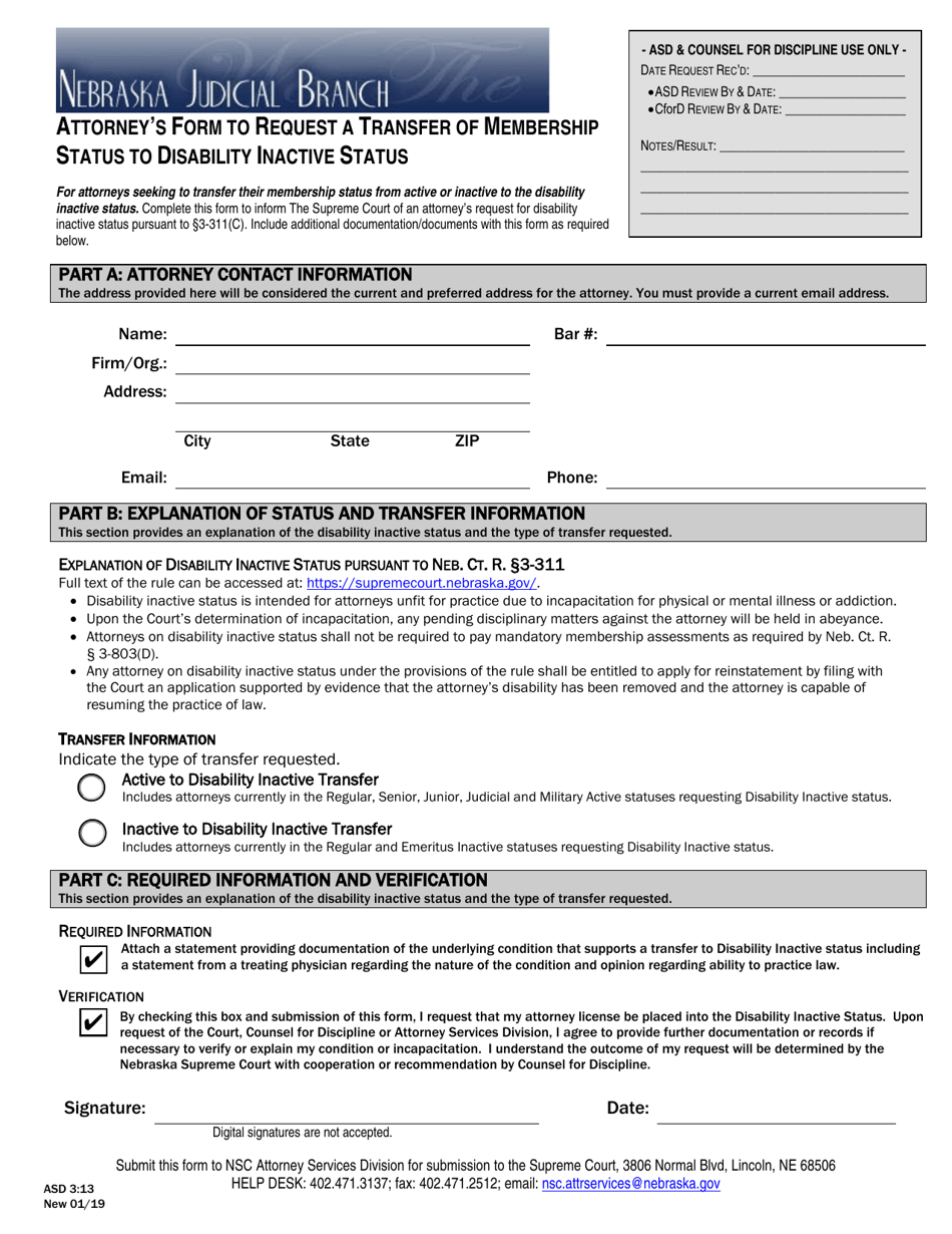 Form ASD3:13 Attorneys Form to Request a Transfer of Membership Status to Disability Inactive Status - Nebraska, Page 1