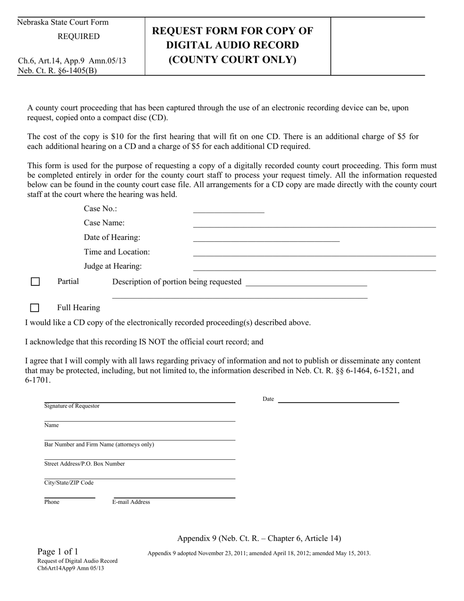 Form CH6ART14APP9 Request Form for Copy of Digital Audio Record (County Court Only) - Nebraska, Page 1