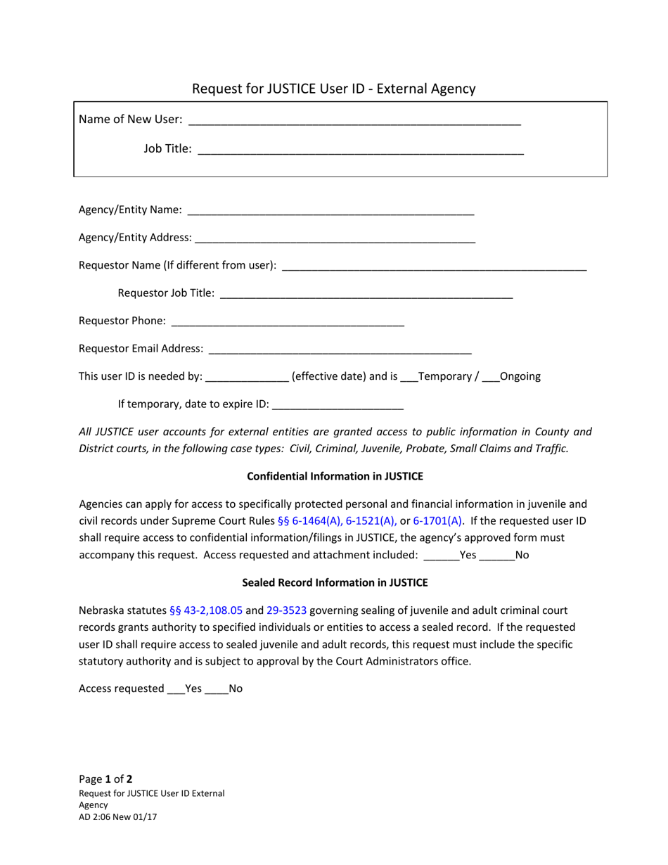 Form AD2:06 Request for Justice User ID - External Agency - Nebraska, Page 1
