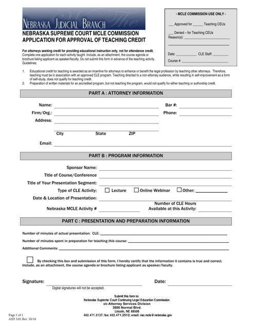 Form ASD3:01 Application for Approval of Teaching Credit - Nebraska