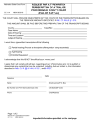 Form CC1:14 Request for a Typewritten Transcription of a Trial or Proceeding in County Court (Full or Partial) - Nebraska