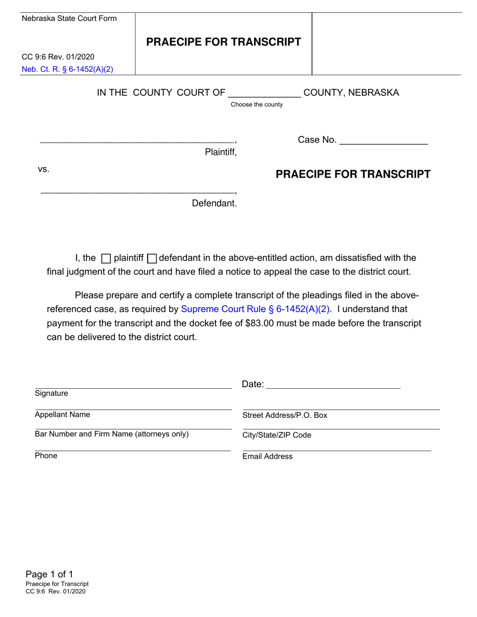 Form CC9:6 Praecipe for Transcript - Nebraska, Page 1