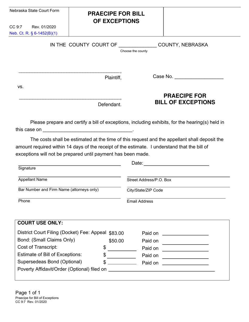 Form CC9:7 Praecipe for Bill of Exceptions - Nebraska, Page 1