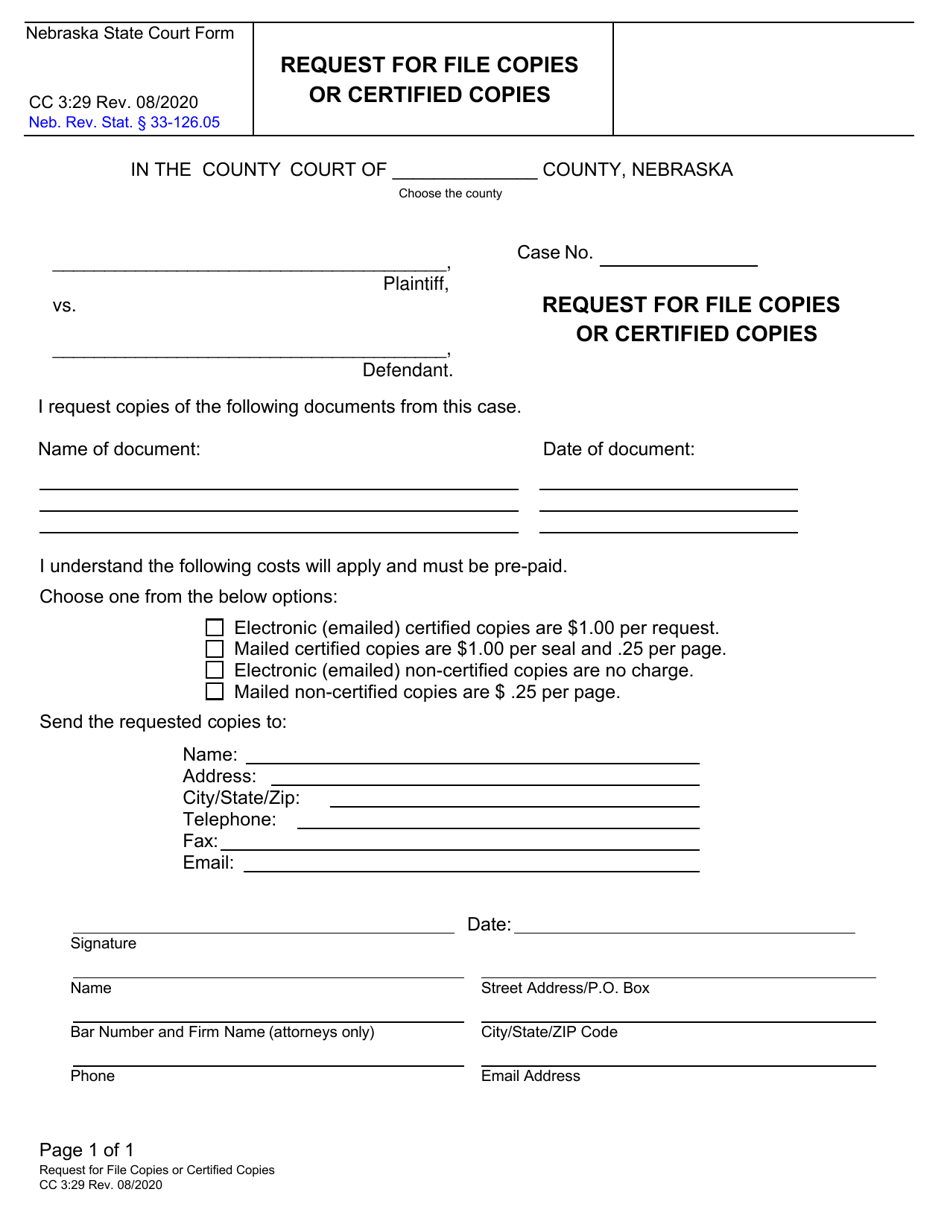 Form CC3:29 Request for File Copies or Certified Copies - Nebraska, Page 1
