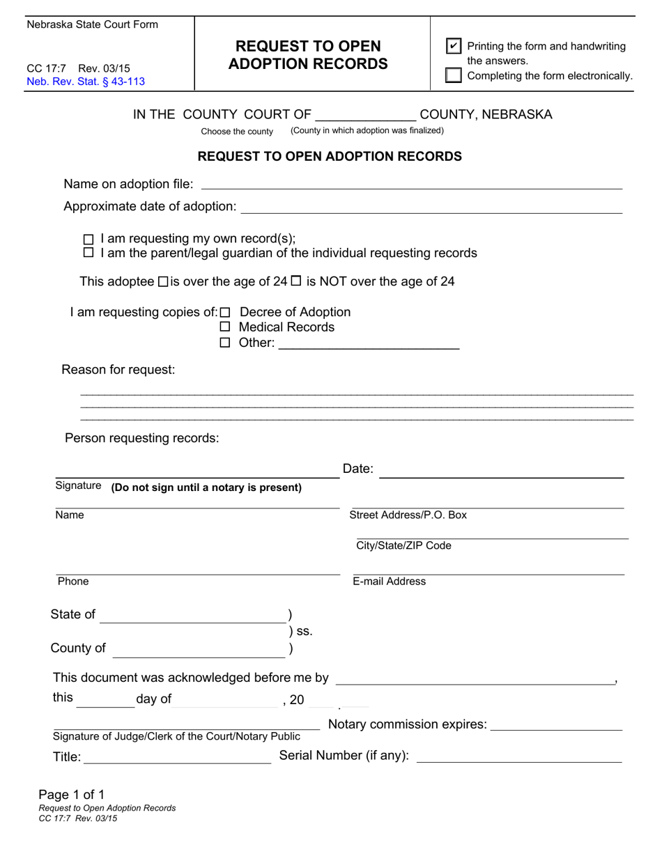 Form CC17:7 Request to Open Adoption Records - Nebraska, Page 1