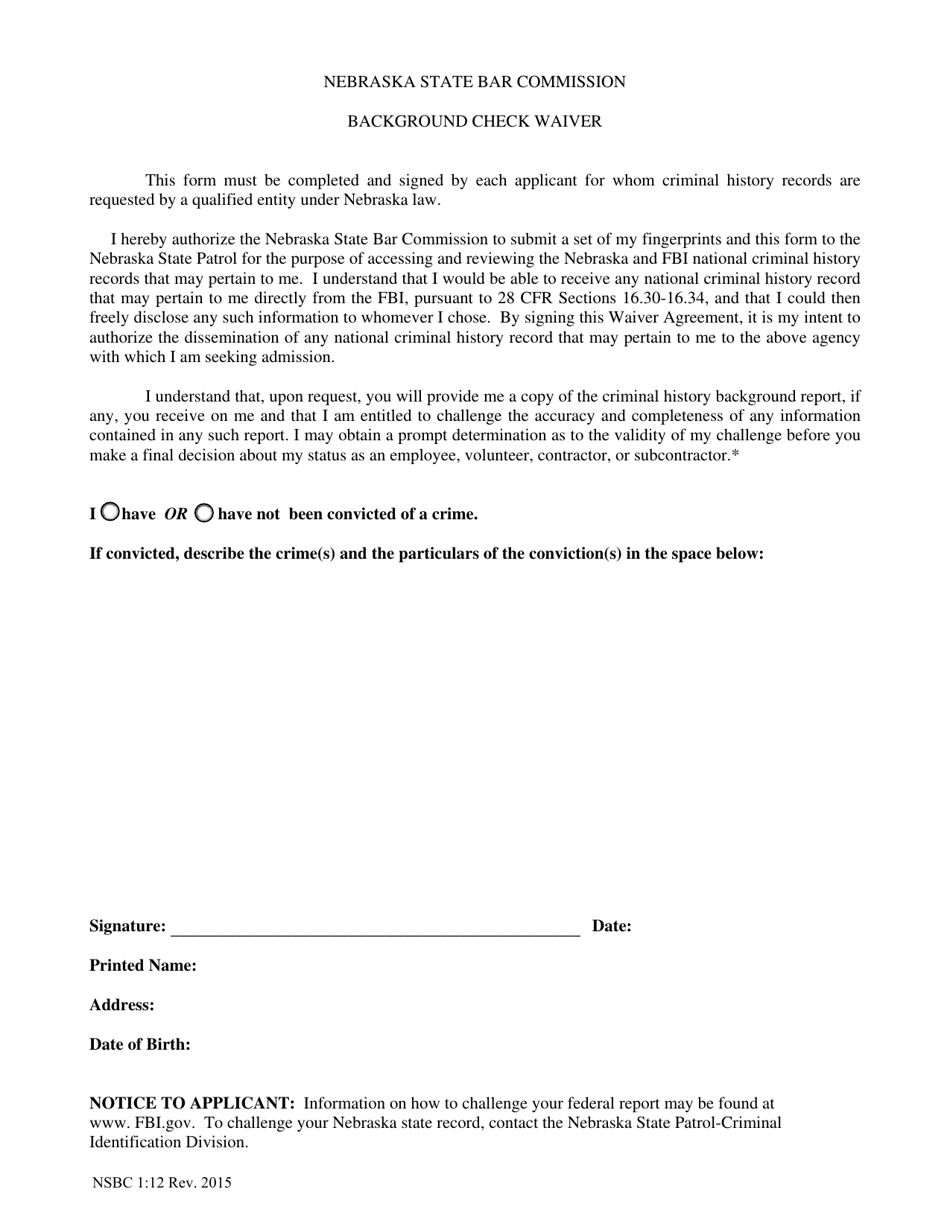 Form NSBC1:12 Background Check Waiver - Nebraska, Page 1
