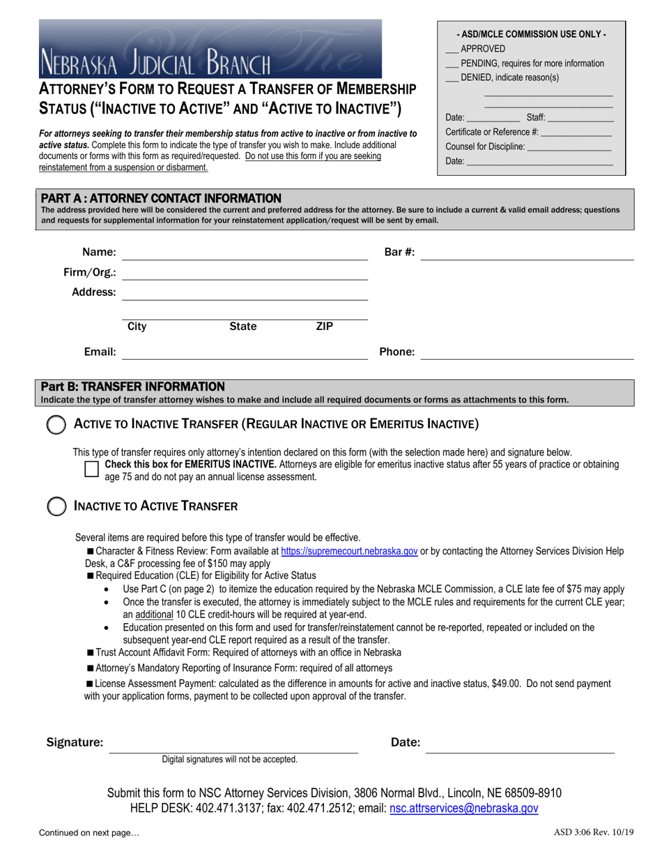 Form ASD3:06 Attorneys Form to Request a Transfer of Membership Status (inactive to Active and active to Inactive) - Nebraska, Page 1
