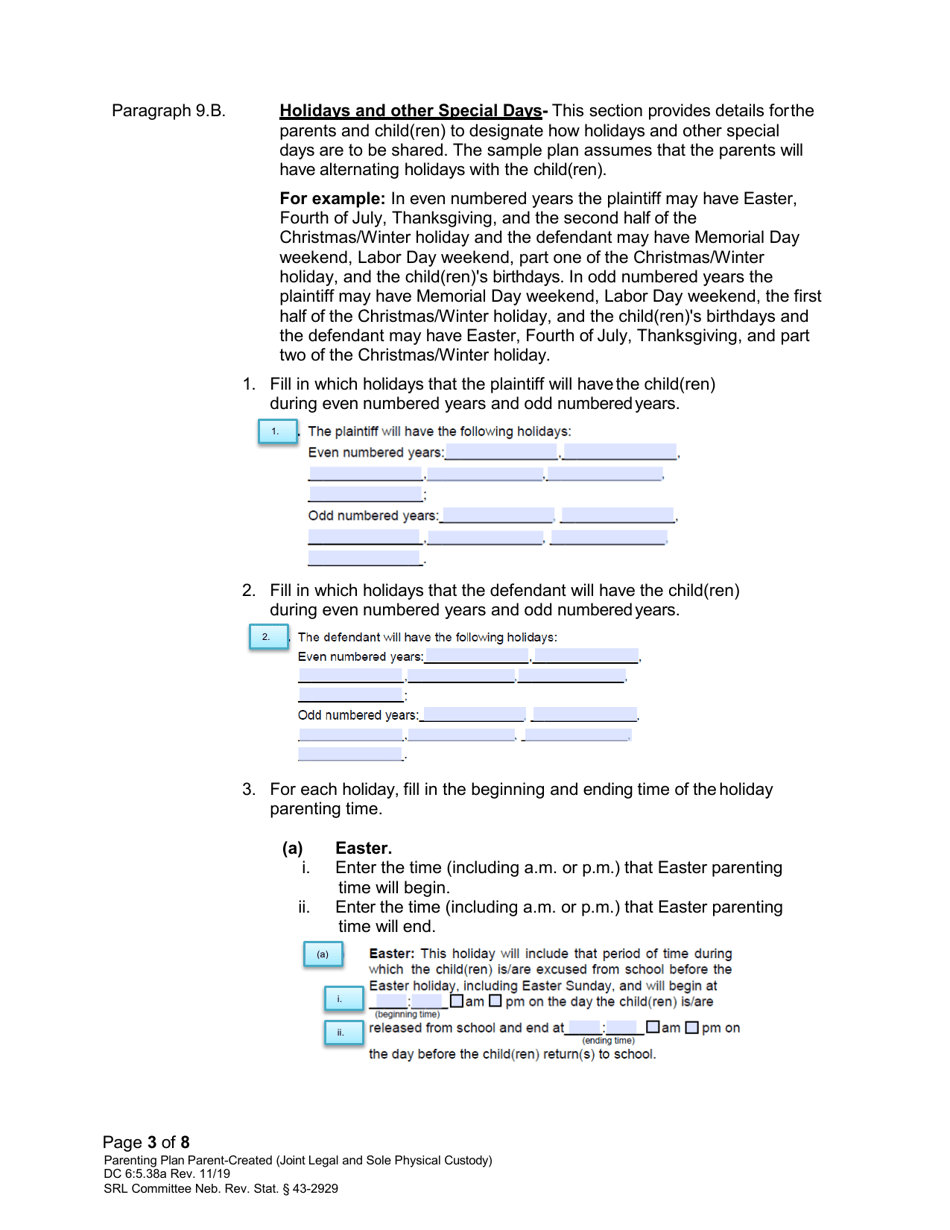 Instructions for Form DC6:5.38 Parenting Plan Parent-Created (Joint Legal and Sole Physical Custody) - Nebraska, Page 3