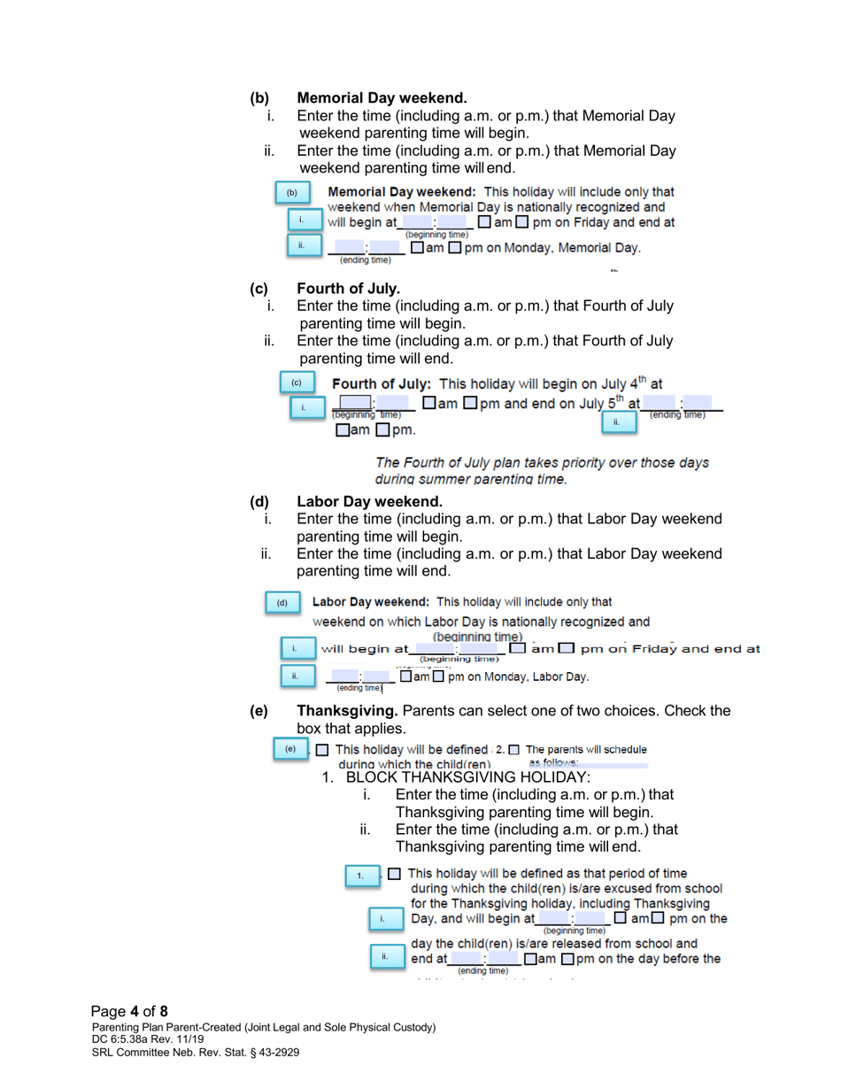 Instructions for Form DC6:5.38 Parenting Plan Parent-Created (Joint Legal and Sole Physical Custody) - Nebraska, Page 4