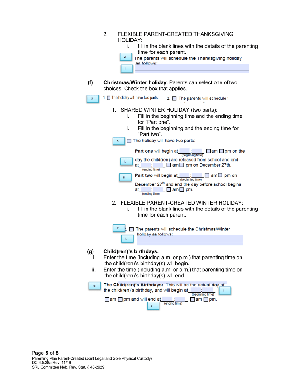 Instructions for Form DC6:5.38 Parenting Plan Parent-Created (Joint Legal and Sole Physical Custody) - Nebraska, Page 5