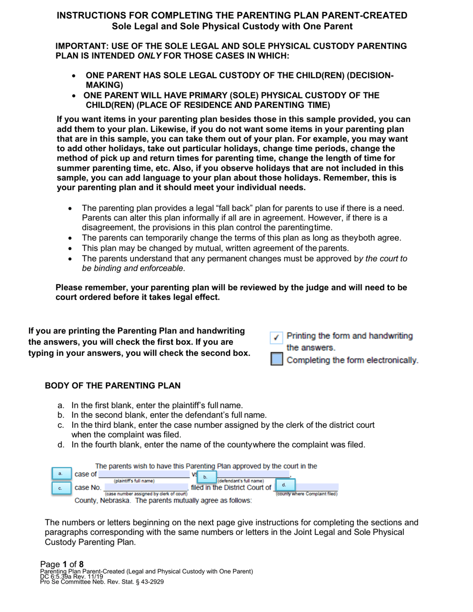 Download Instructions for Form DC65.39 Parenting Plan ParentCreated (Sole Legal and Sole