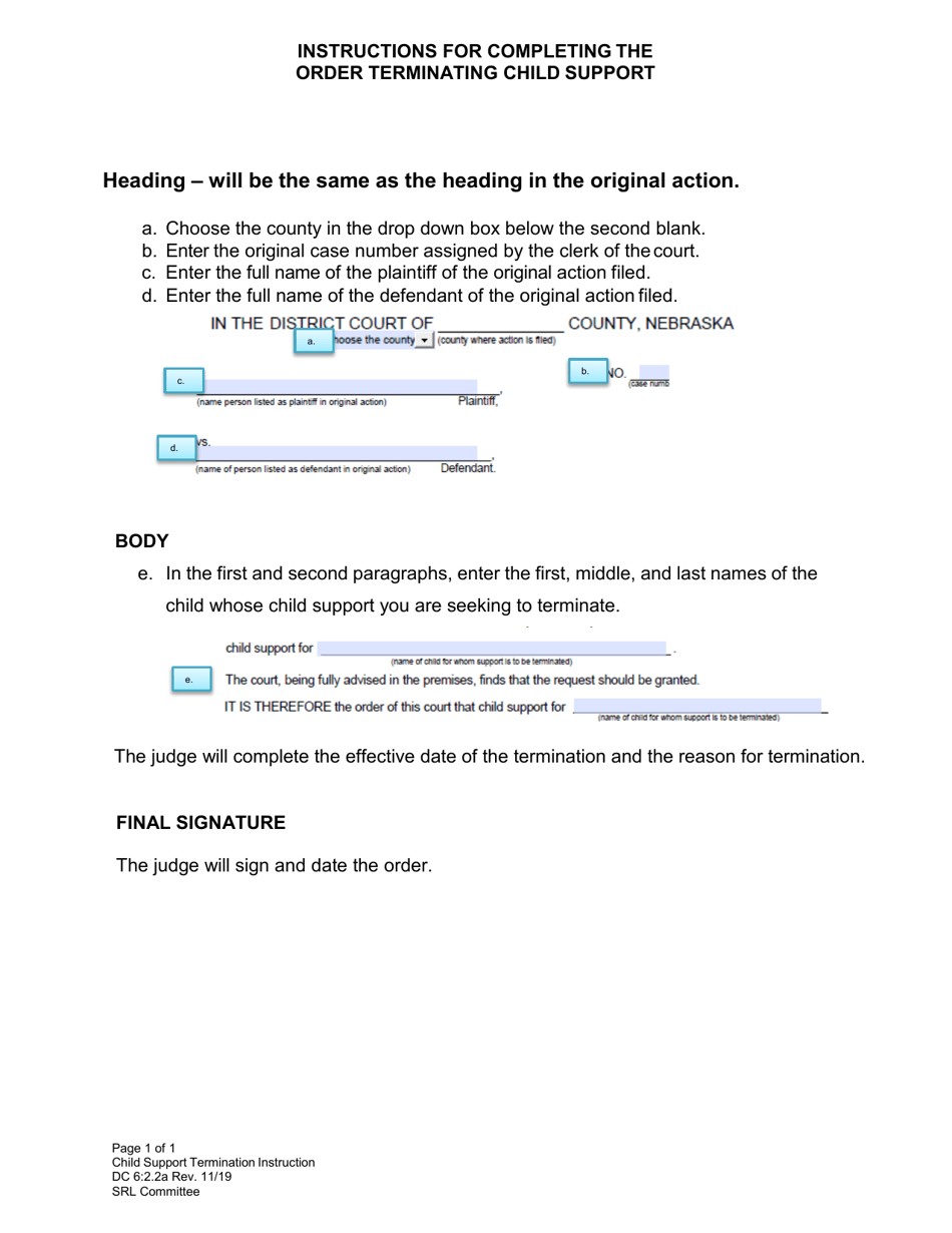 Instructions for Form DC6:2.2 Order for Termination of Child Support - Nebraska, Page 1