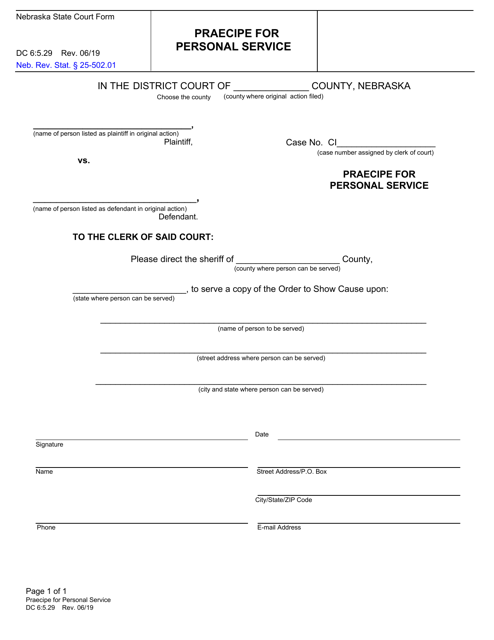 Form DC6:5.29 Praecipe for Personal Service - Nebraska