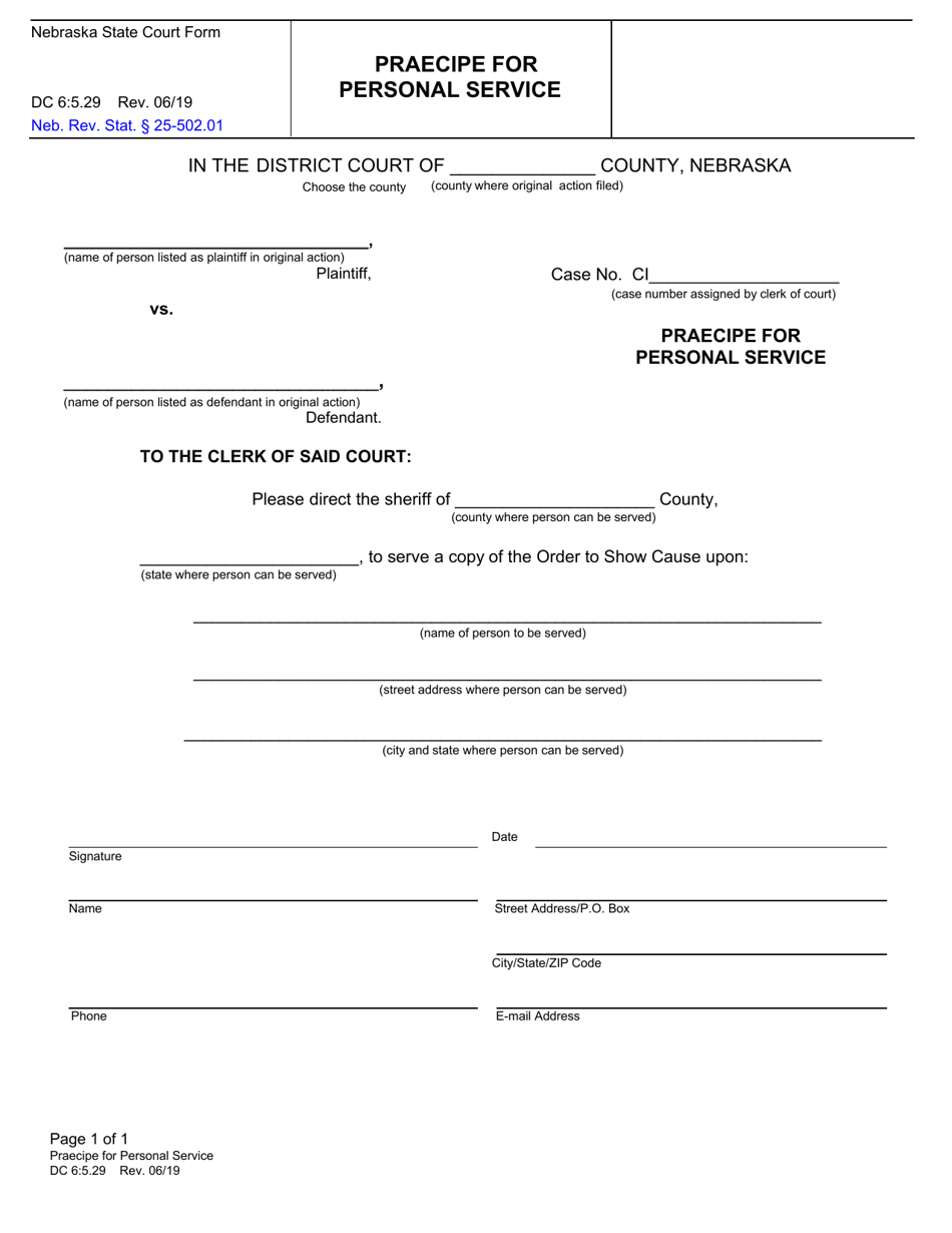 Form DC6:5.29 Praecipe for Personal Service - Nebraska, Page 1