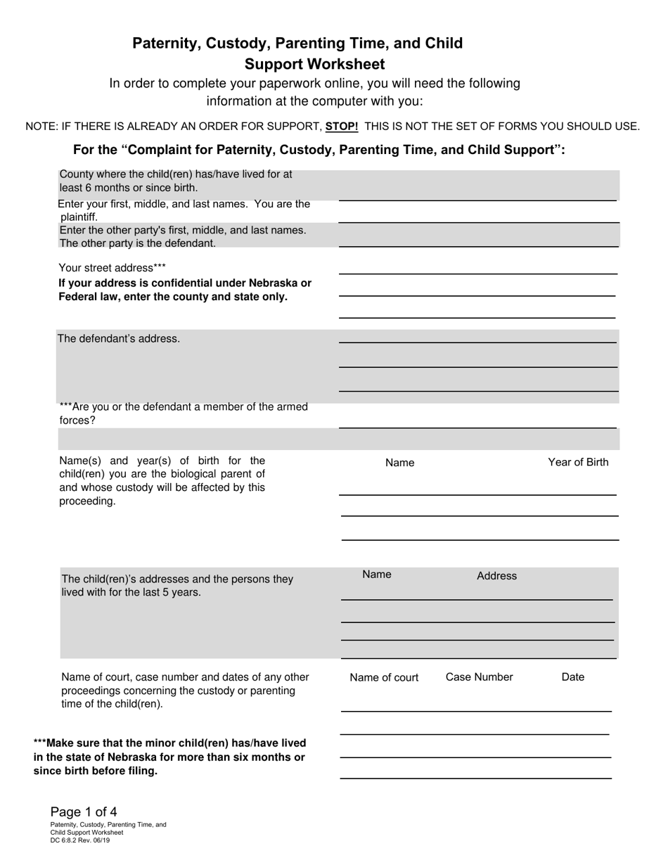 Form DC6:8.2 Paternity, Custody, Parenting Time, and Child Support Worksheet - Nebraska, Page 1
