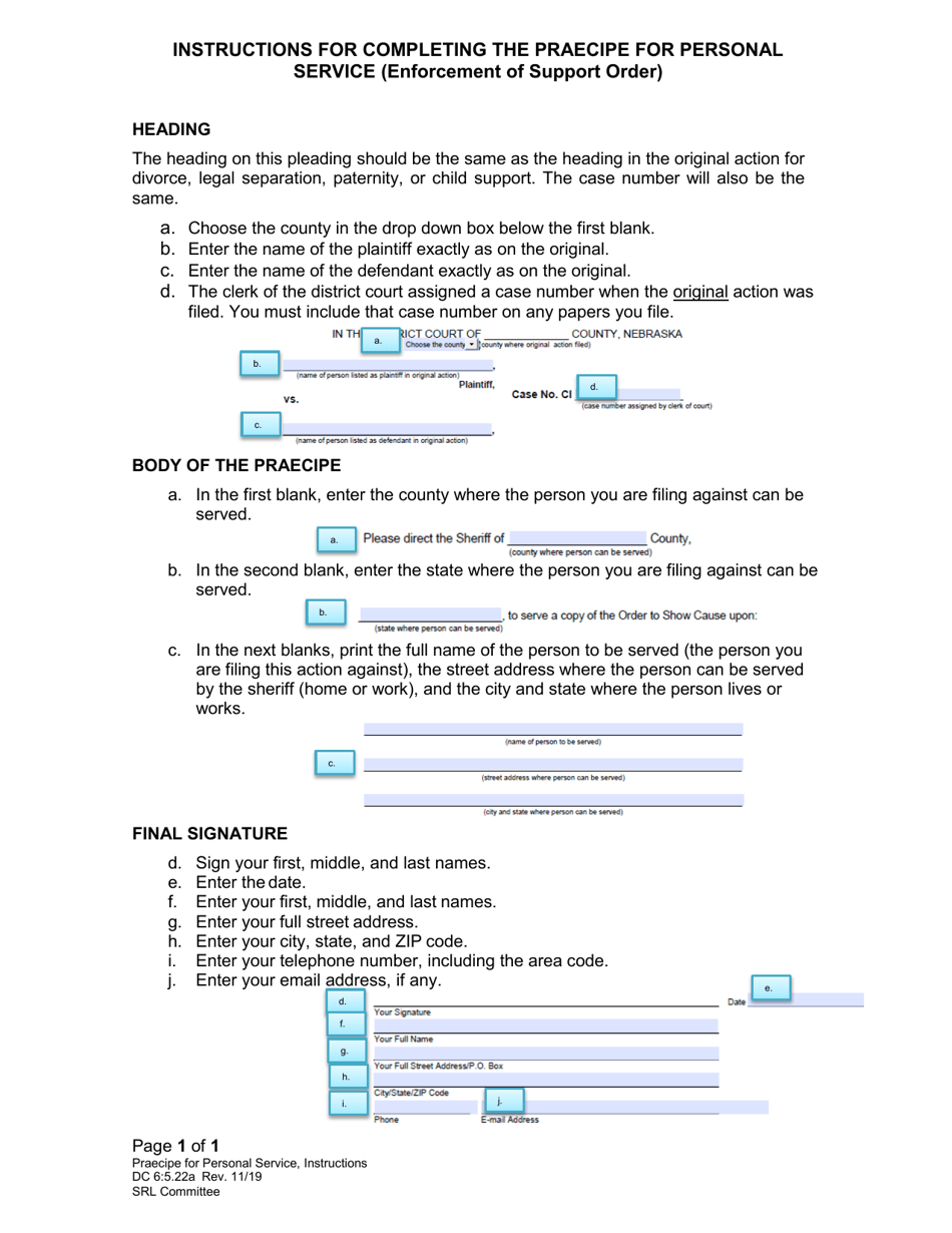 Instructions for Form DC6:5.22 Praecipe for Personal Service - Nebraska, Page 1