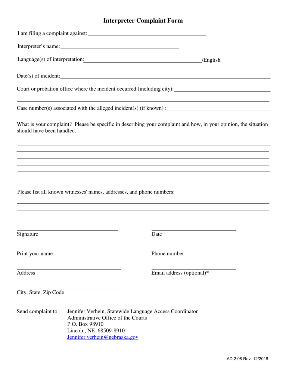 Form AD2:08 Interpreter Complaint Form - Nebraska, Page 2