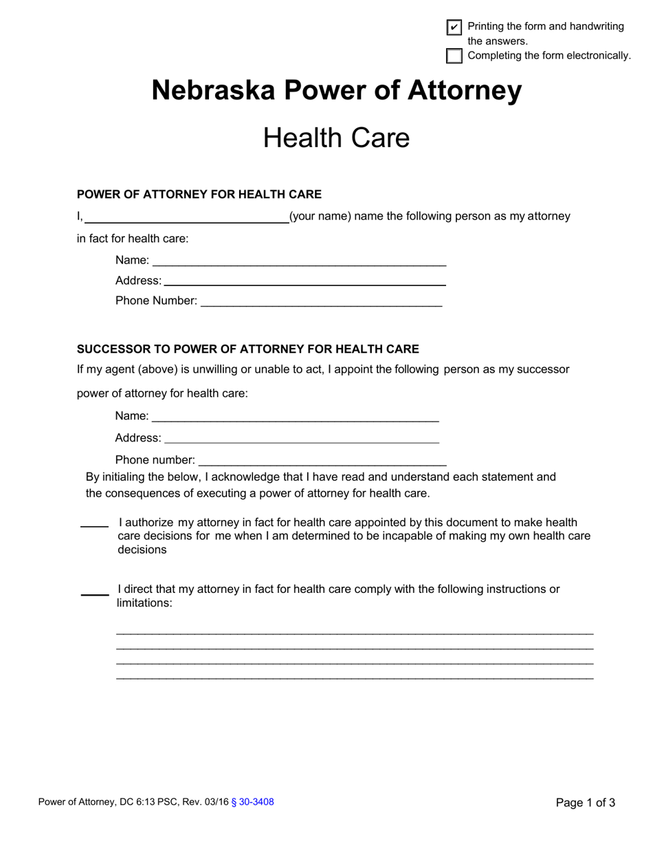 Form DC6:13 Nebraska Power of Attorney - Health Care - Nebraska, Page 1