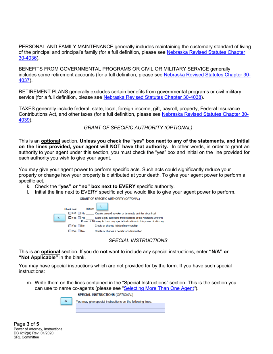 Instructions for Form DC6:12 Nebraska Power of Attorney - Nebraska, Page 3