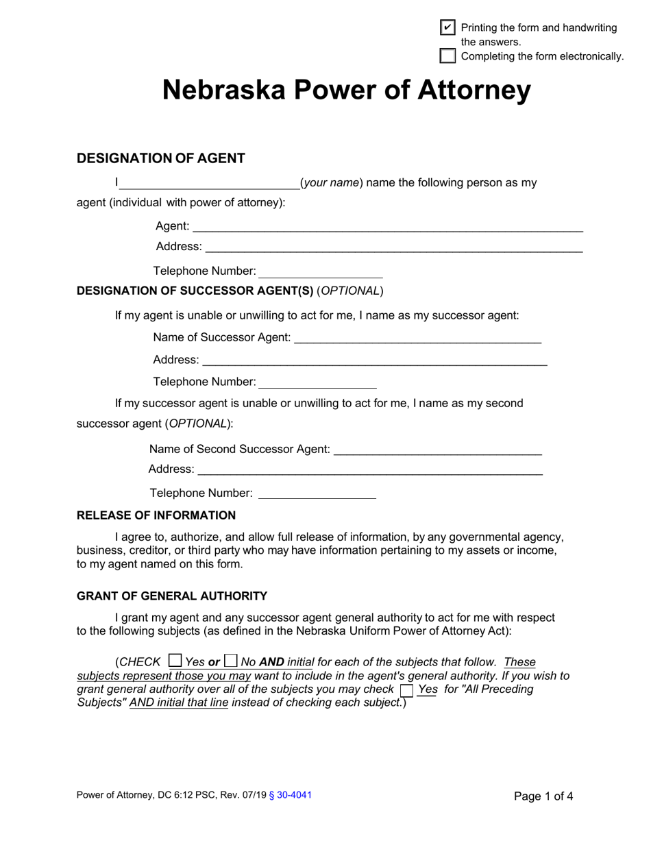 Form DC6:12 Nebraska Power of Attorney - Nebraska, Page 1