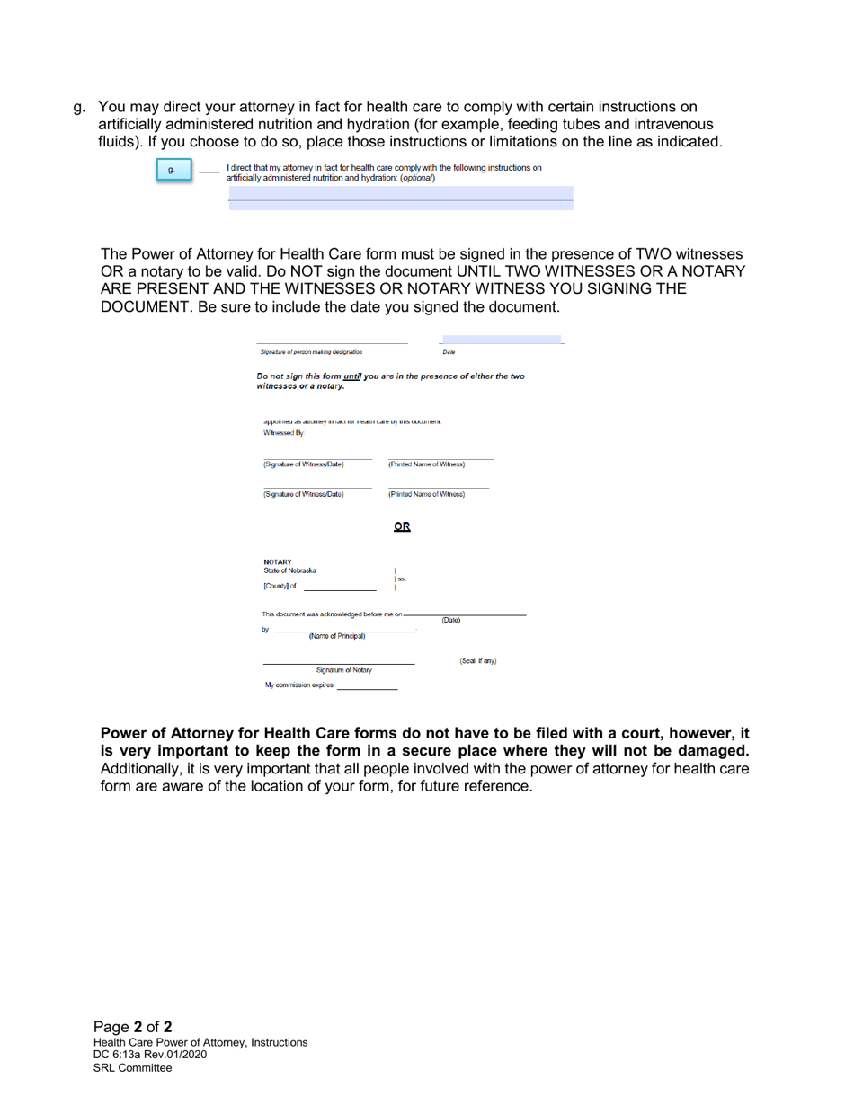 Instructions for Form DC6:13 Nebraska Power of Attorney for Health Care - Nebraska, Page 2