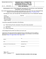 Form DC1:14 &quot;Request for a Typewritten Transcription of a Trial or Proceeding in District Court (Full or Partial)&quot; - Nebraska