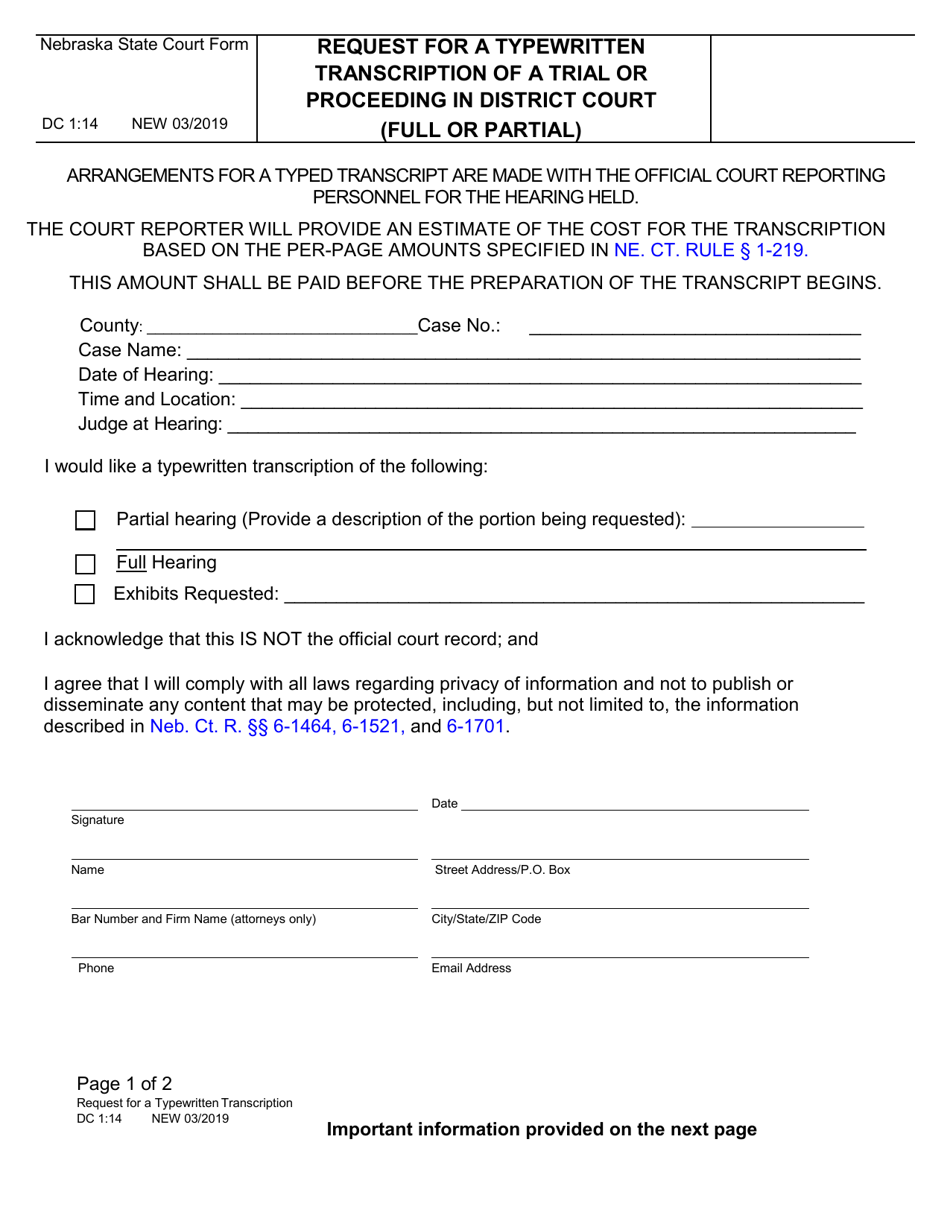 Form DC1:14 Request for a Typewritten Transcription of a Trial or Proceeding in District Court (Full or Partial) - Nebraska, Page 1