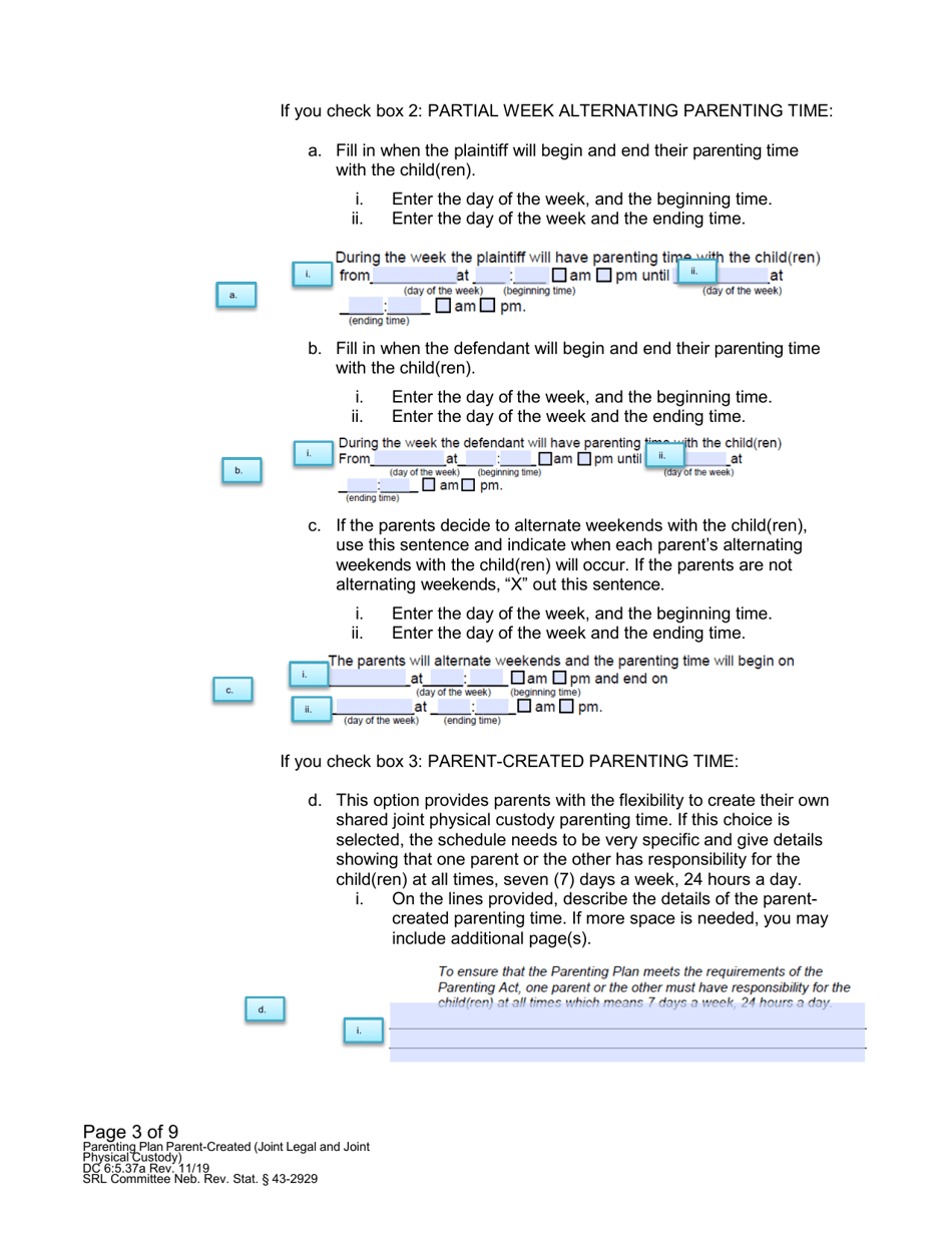 Instructions for Form DC6:5.37 Parenting Plan Parent-Created (Joint Legal and Joint Physical Custody) - Nebraska, Page 3