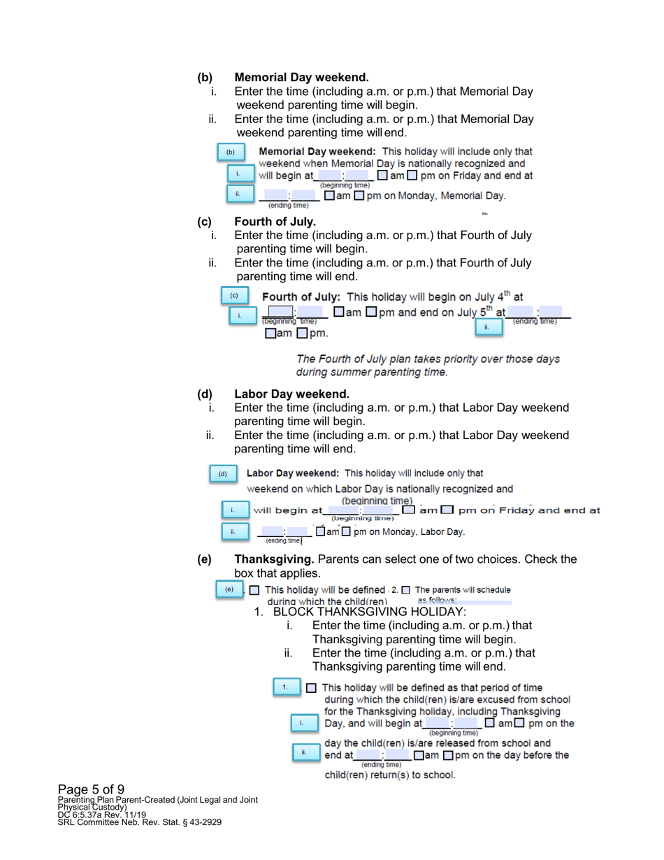 Instructions for Form DC6:5.37 Parenting Plan Parent-Created (Joint Legal and Joint Physical Custody) - Nebraska, Page 5