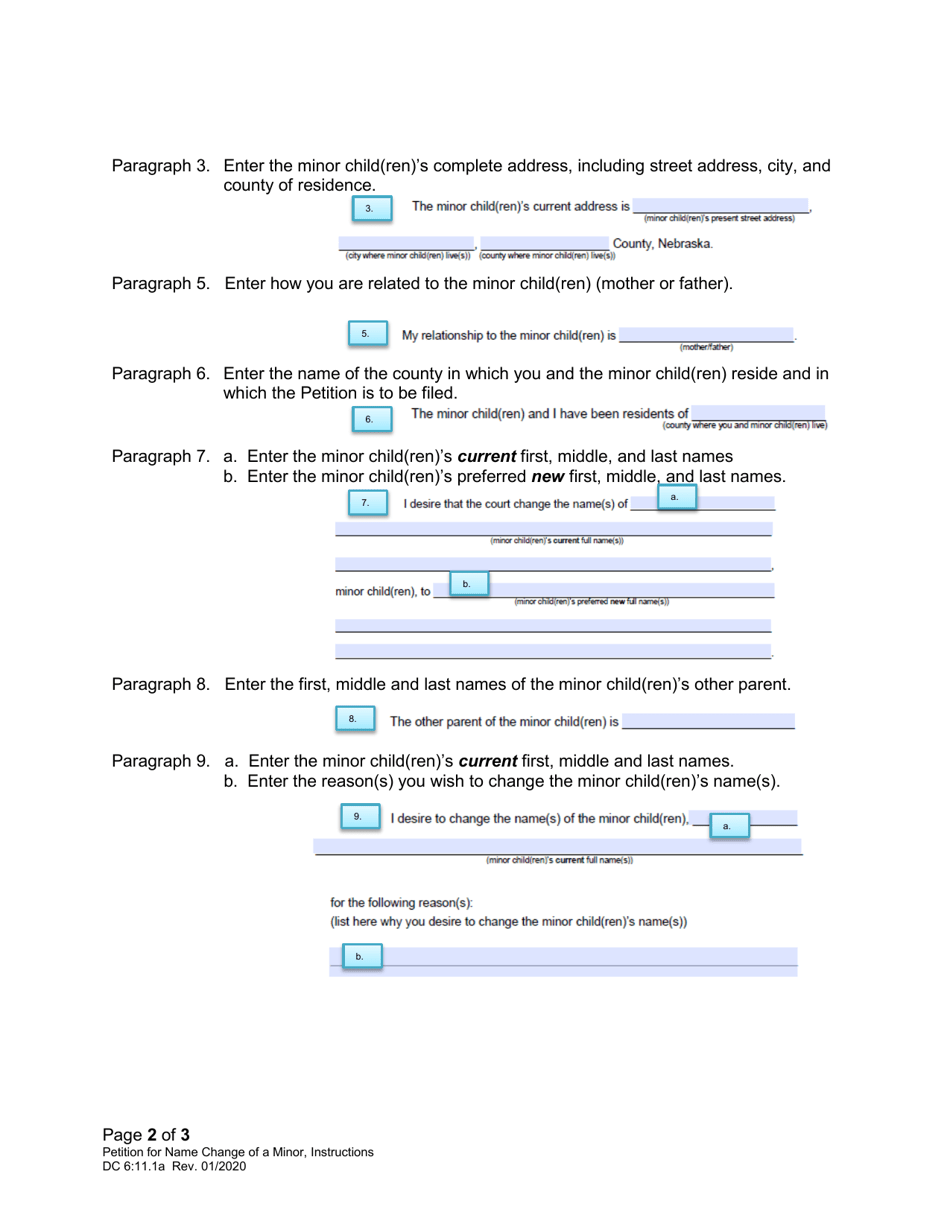 Instructions for Form DC6:11.1 Petition for Name Change of a Minor Child or Children - Nebraska, Page 2