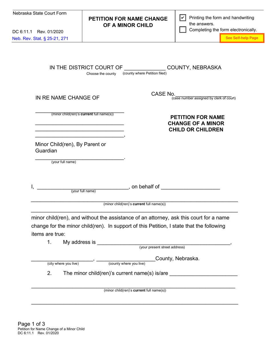 Form DC6:11.1 Petition for Name Change of a Minor Child or Children - Nebraska, Page 1